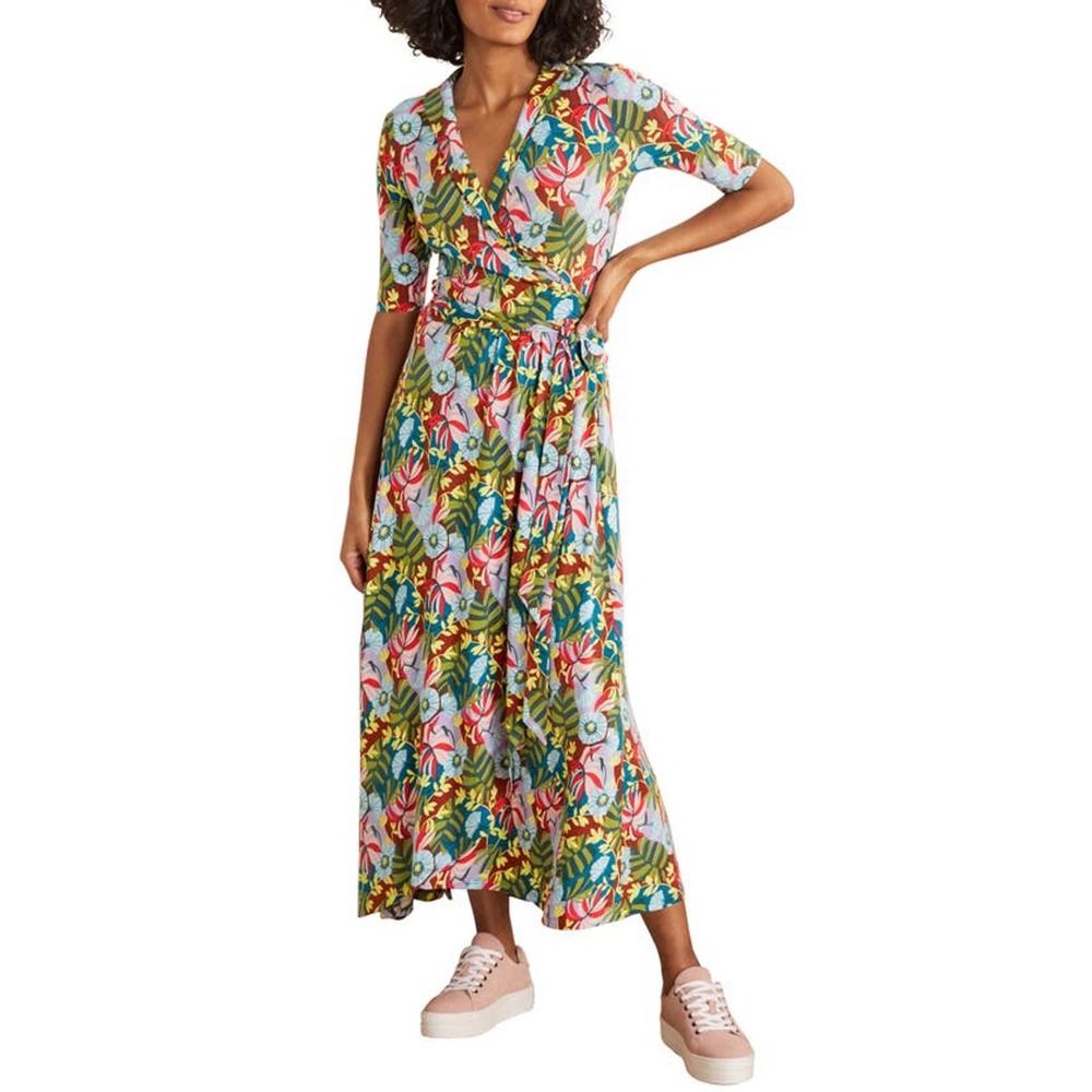Boden Lavinia Jersey Wrap Dress 12 Tropical Floral Midi Stretch Knit Colorful